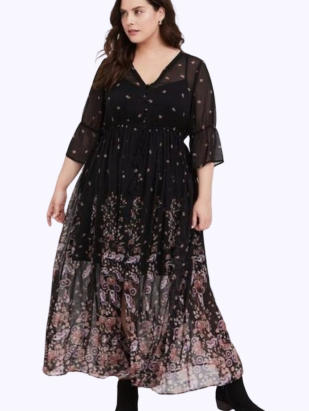 Torrid Black Floral Maxi Dress Sheer Sleeves Overlay Slip‎ Dress Plus Size 1X